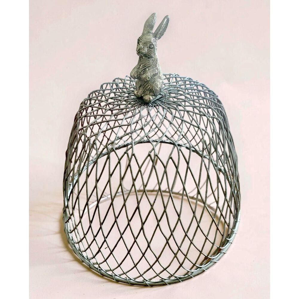 Wire Cloche Dome With Rabbit Plate or Plant Cover Cottage Bunny